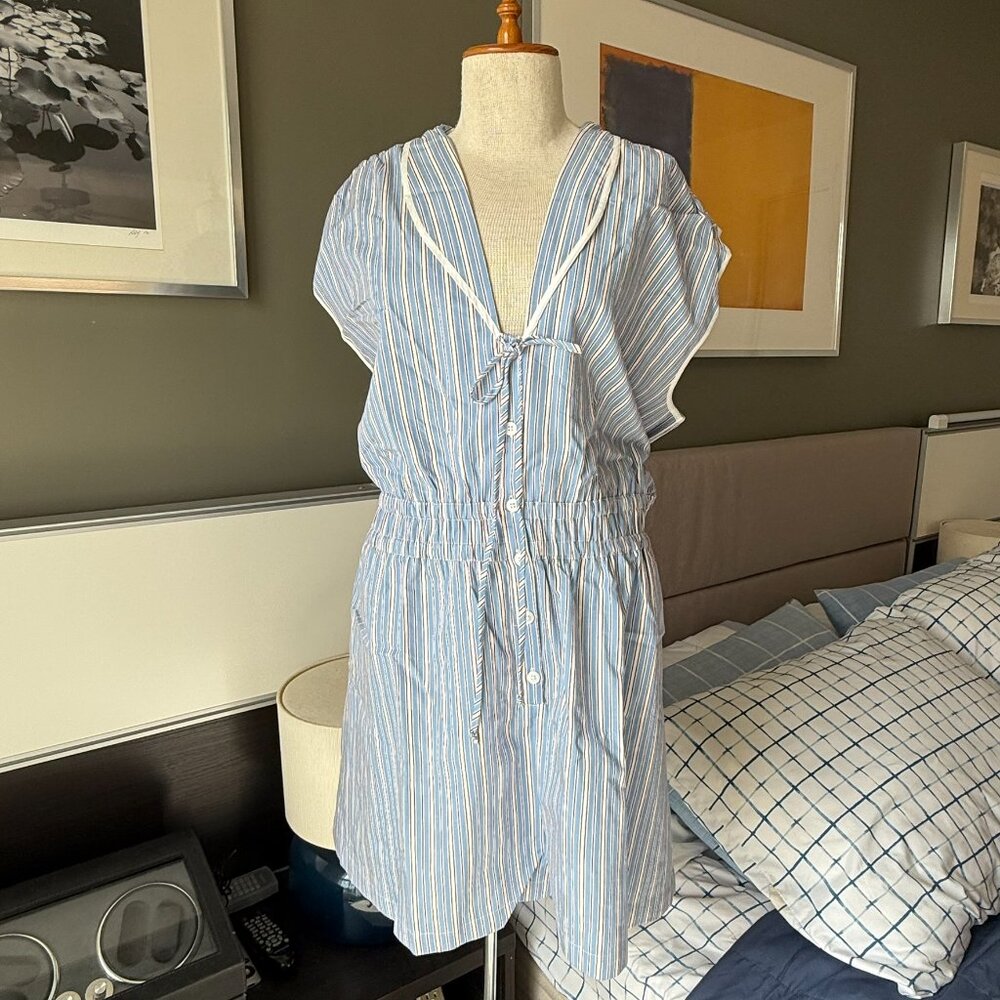 Anthropologie 100% Cotton Blue White Maroon Stripes Romper Summer NWT LARGE